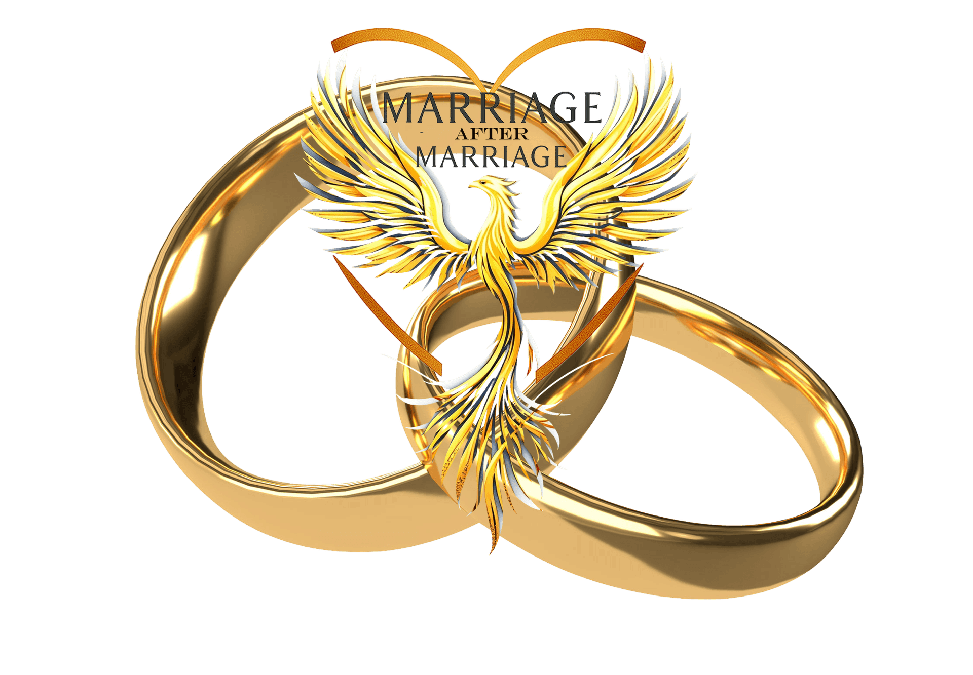 Two gold wedding rings with a golden phoenix and 'Marriage After Marriage' text overlay.