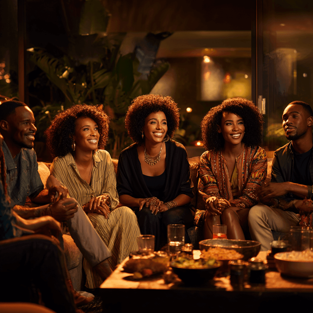 Group of friends enjoying dinner and laughs in a warmly lit living room with plants in the background.