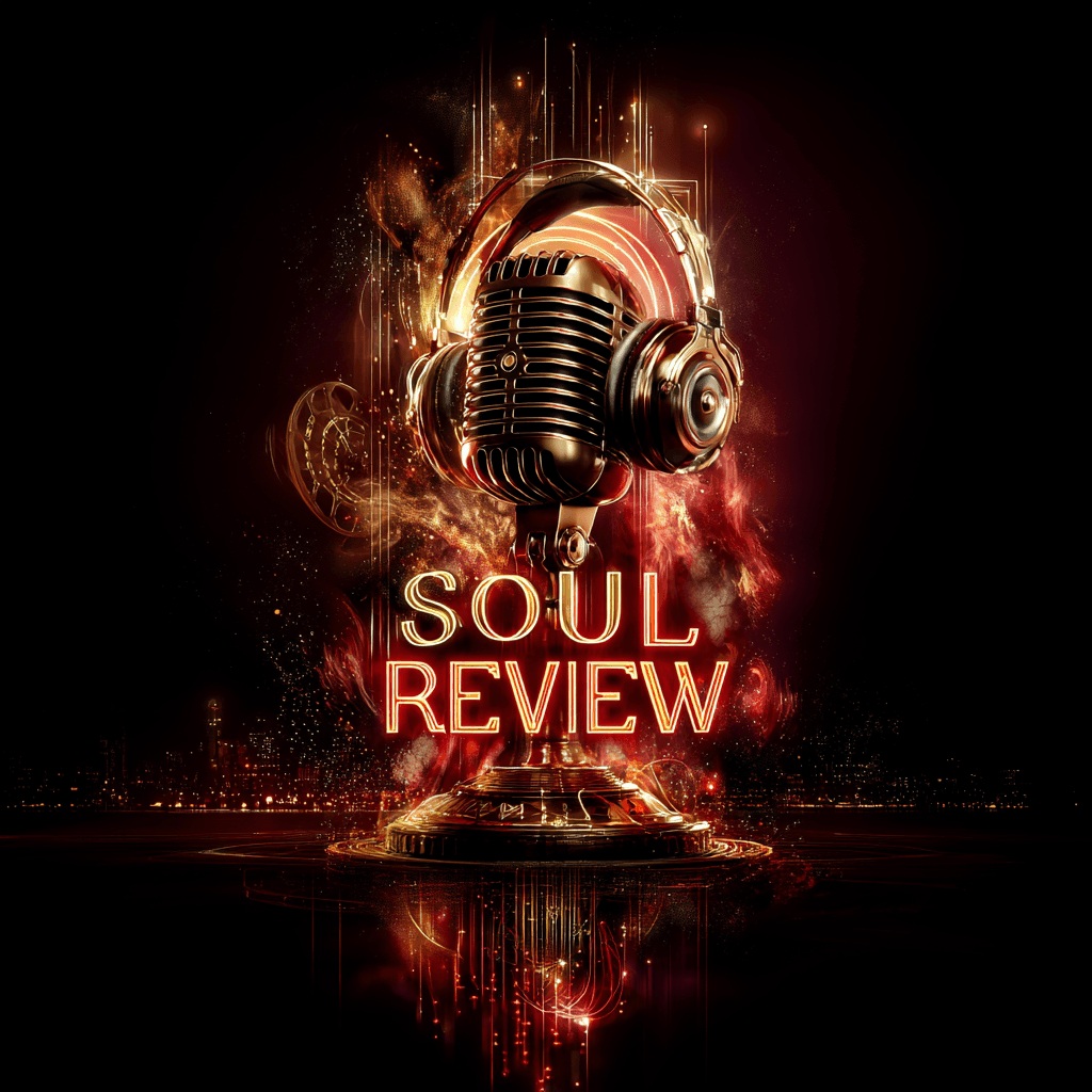 Vintage microphone with headphones and 'Soul Review' text glowing against a dark background.