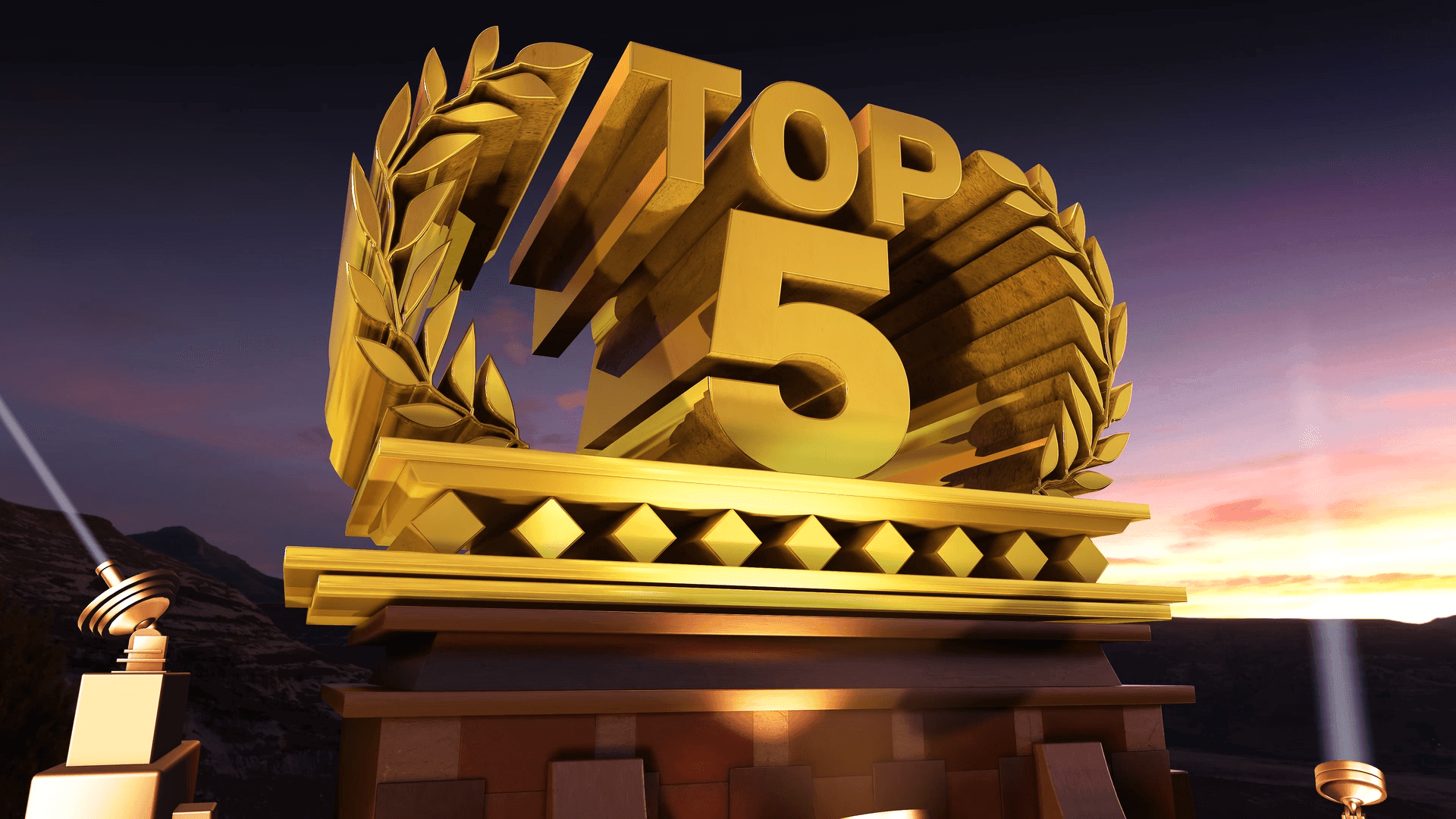 Golden 'Top 5' statue with laurel leaves against sunset sky.